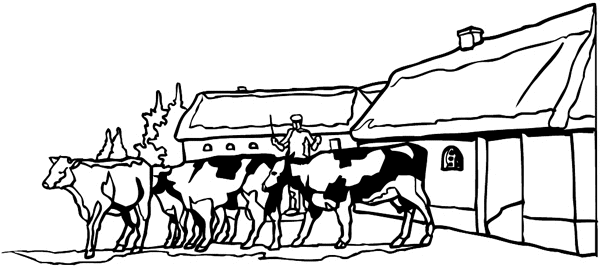 Cows and farmer near barns vinyl sticker. Customize on line.     Agriculture Crops Farming Cows Farmer Farm003-0100  